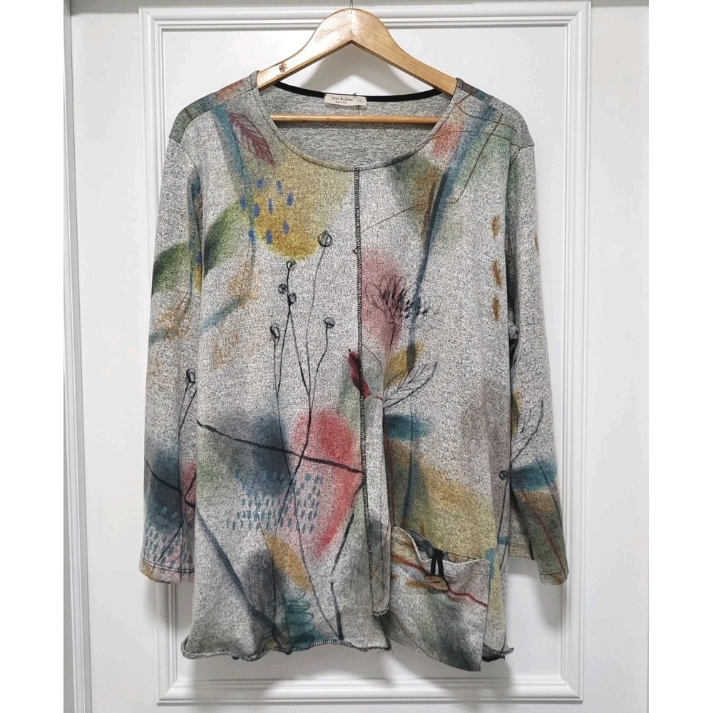 Jess & Jane Hazel Gray Multicolor Asymmetrical Hem Long Sleeve Tunic Top 1X
